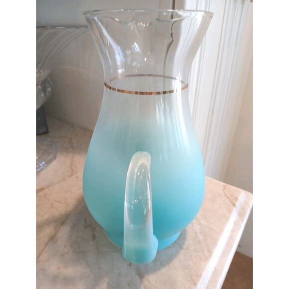 1950 West Virginia Blendo Glass Pitcher Frosted Turquoise Gold w Box Party MCM - Picture 5 of 16